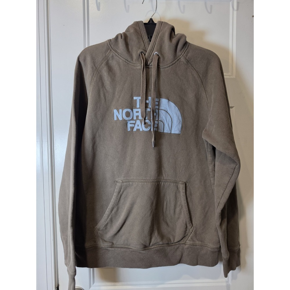 The North Face Hoodie Mens M Tan/Grey and Blue Logo Pullover Sweatshirt